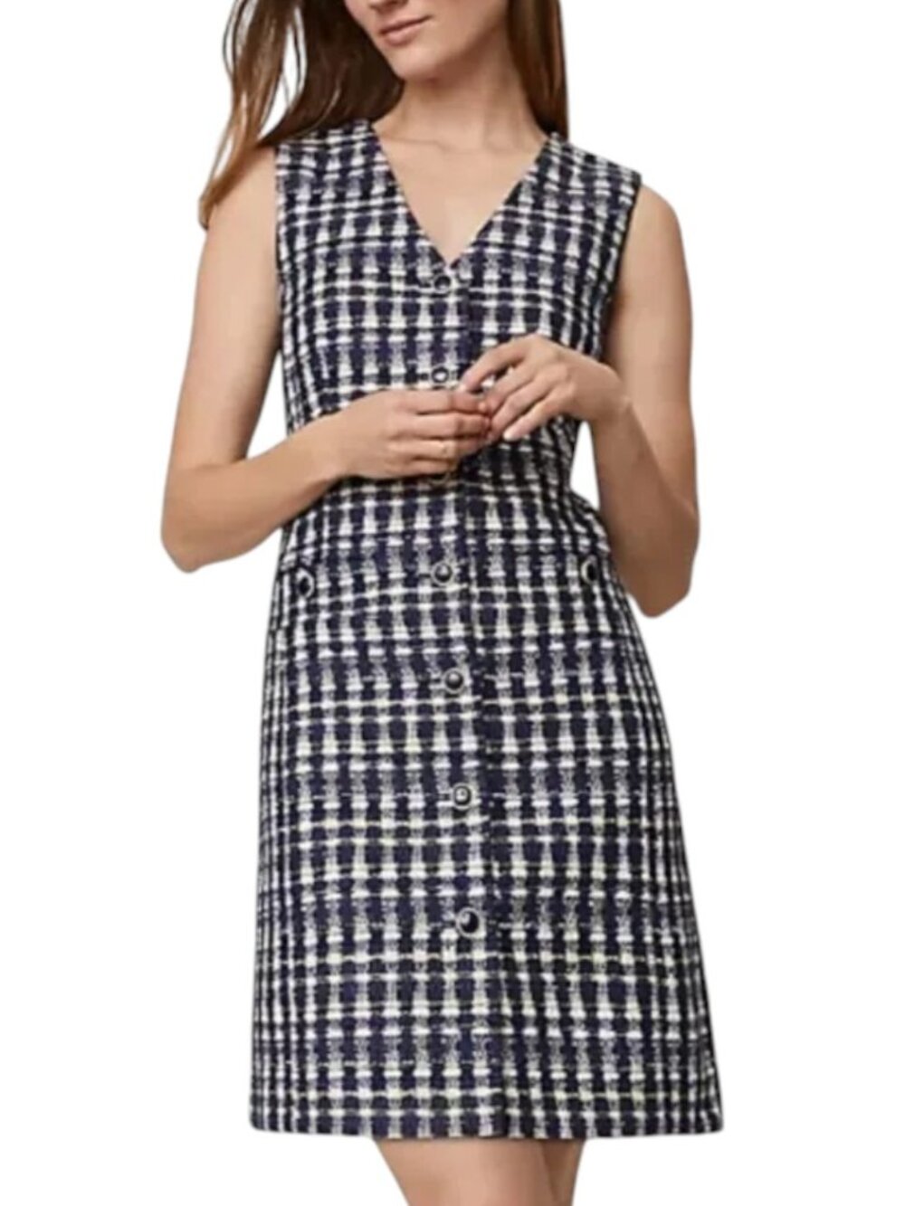 Ann Taylor Navy White Tweed Sleeveless Button Sheath Dress